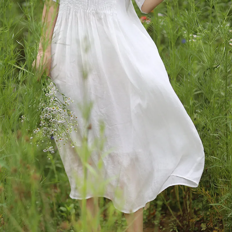 Pleated Chest Women Linen Dresses Spring Summer Women Dresses WC961848