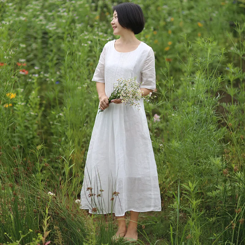 Pleated Chest Women Linen Dresses Spring Summer Women Dresses WC961848