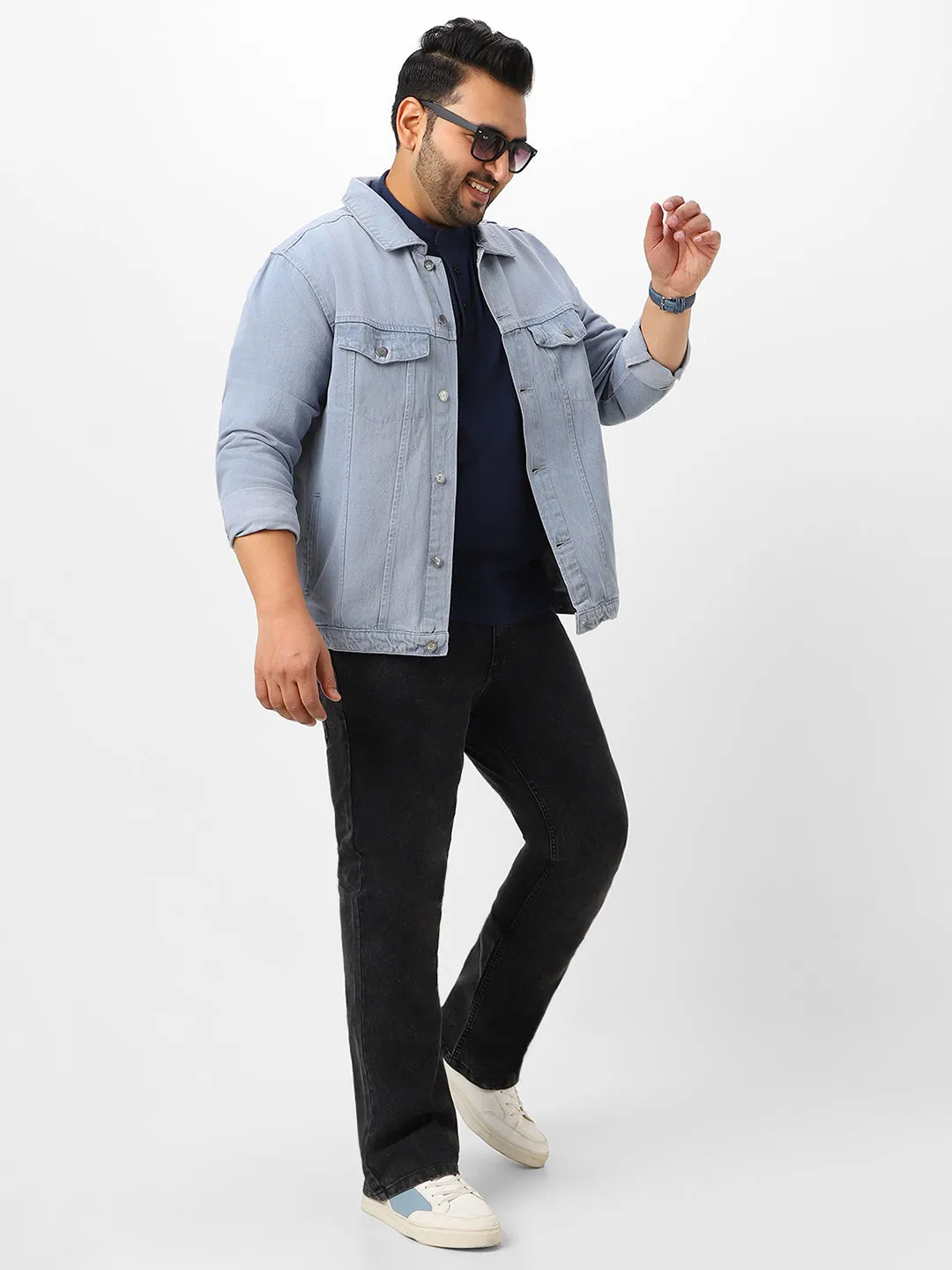 Plus Men's Light Grey Regular Fit Washed Full Sleeve Denim Jacket