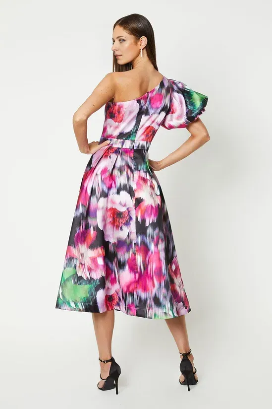 Printed One Shoulder Puff Sleeve Tea length Midi Dress Wedding Guest Dresses
