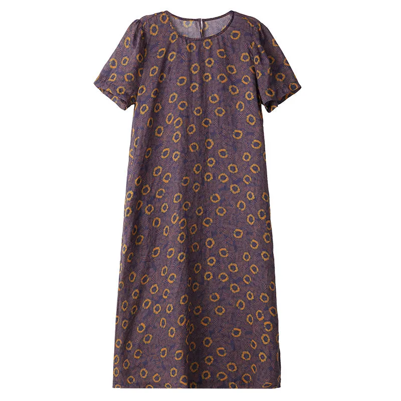 Purple Floral Linen Women Dresses Short Sleeves Summer Women Dresses XH9624