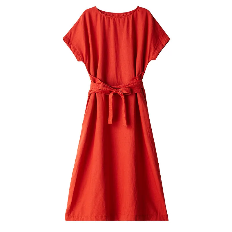 Red 100% Linen Women Dresses Short Sleeves O Neck Spring Summer Women Dresses XH9627