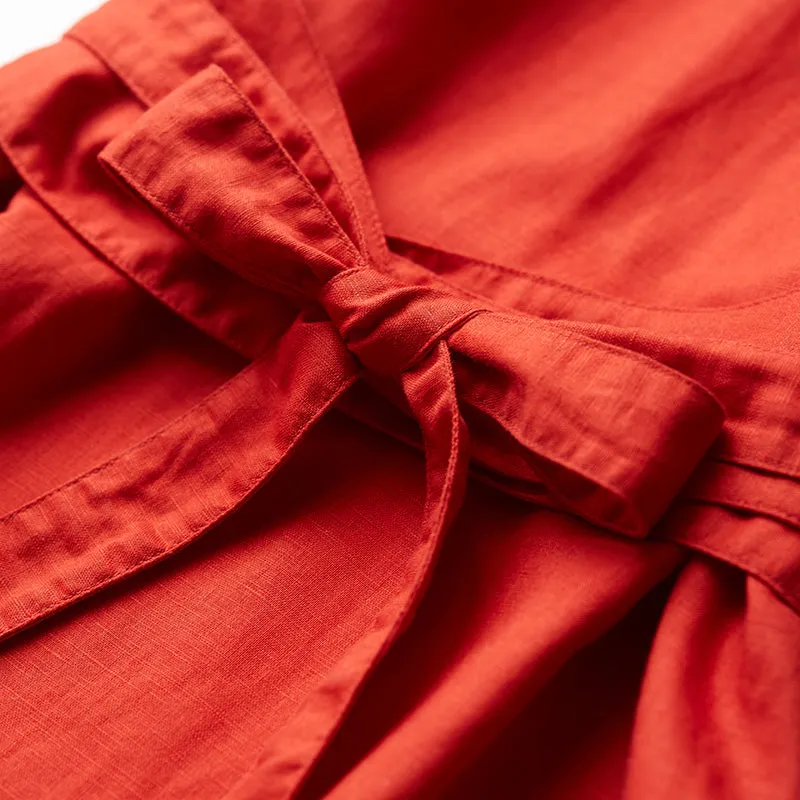 Red 100% Linen Women Dresses Short Sleeves O Neck Spring Summer Women Dresses XH9627