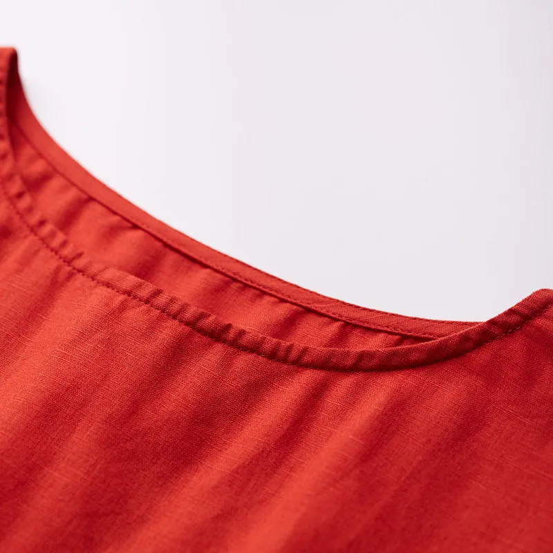 Red 100% Linen Women Dresses Short Sleeves O Neck Spring Summer Women Dresses XH9627