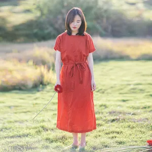 Red 100% Linen Women Dresses Short Sleeves O Neck Spring Summer Women Dresses XH9627