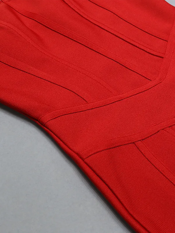 Red Ribbed Strapless Wrap Split Dress