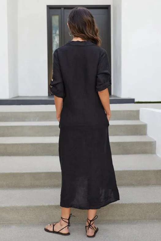 Roll Up Sleeve Linen Button Down Dress Solid-Blk