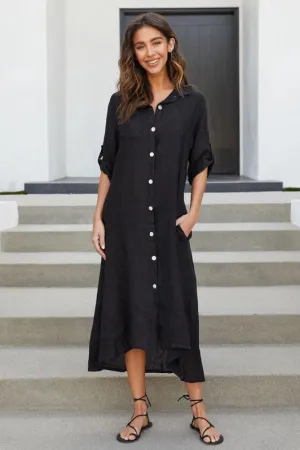 Roll Up Sleeve Linen Button Down Dress Solid-Blk