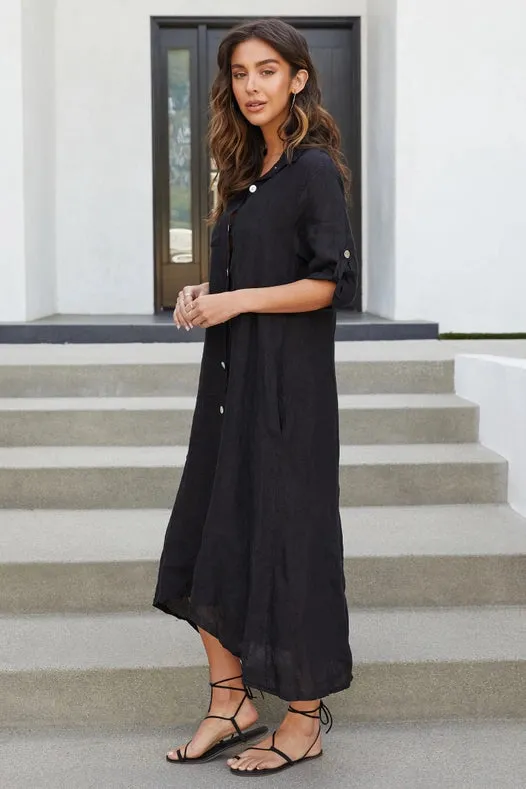 Roll Up Sleeve Linen Button Down Dress Solid-Blk