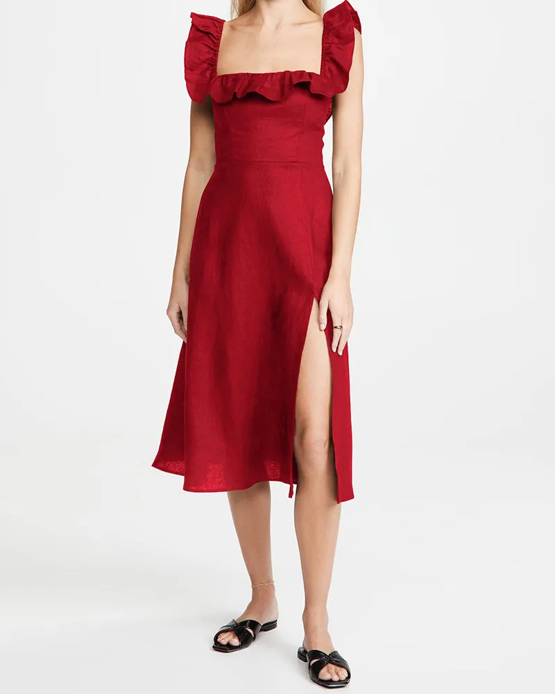 Ruffled Square Collar Long Formal Dress Sleeveless Slit Evening Dress