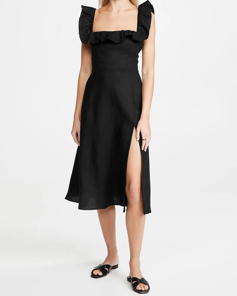 Ruffled Square Collar Long Formal Dress Sleeveless Slit Evening Dress