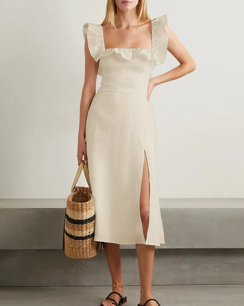 Ruffled Square Collar Long Formal Dress Sleeveless Slit Evening Dress