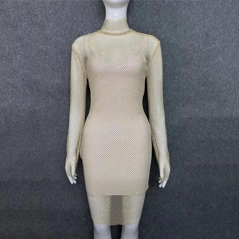 Shiny Diamonds Beading Dress lady Mesh Temperament Slim Turtleneck Long-Sleeved Sexy Party Club Mini Dress Vestido Mujer Jurken