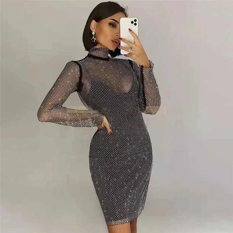 Shiny Diamonds Beading Dress lady Mesh Temperament Slim Turtleneck Long-Sleeved Sexy Party Club Mini Dress Vestido Mujer Jurken