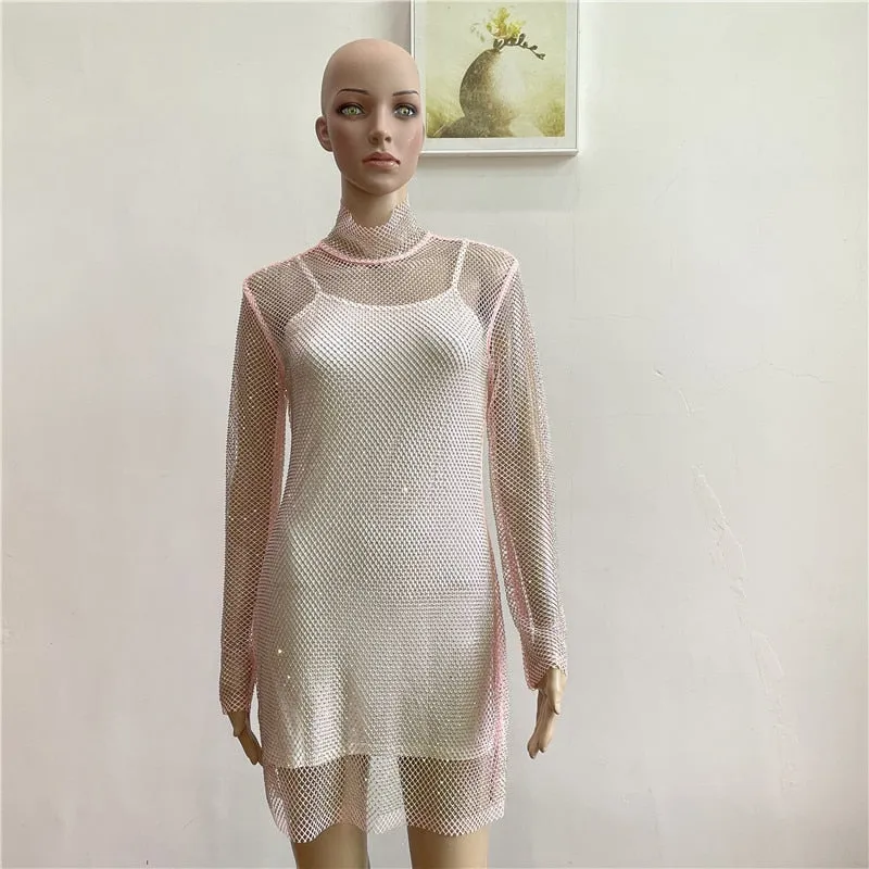 Shiny Diamonds Beading Dress lady Mesh Temperament Slim Turtleneck Long-Sleeved Sexy Party Club Mini Dress Vestido Mujer Jurken