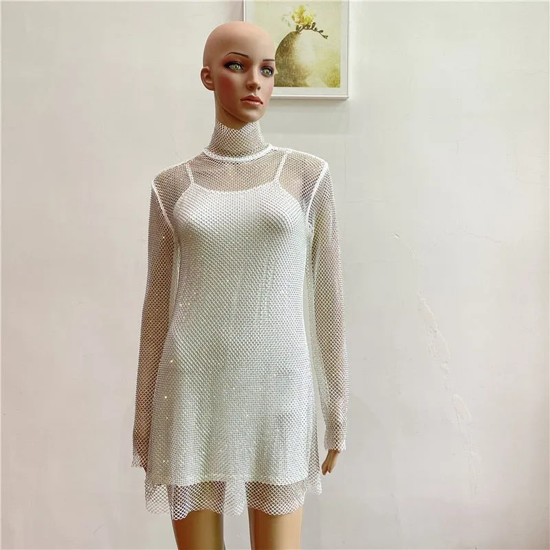 Shiny Diamonds Beading Dress lady Mesh Temperament Slim Turtleneck Long-Sleeved Sexy Party Club Mini Dress Vestido Mujer Jurken