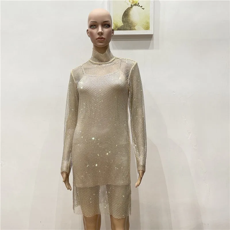 Shiny Diamonds Beading Dress lady Mesh Temperament Slim Turtleneck Long-Sleeved Sexy Party Club Mini Dress Vestido Mujer Jurken