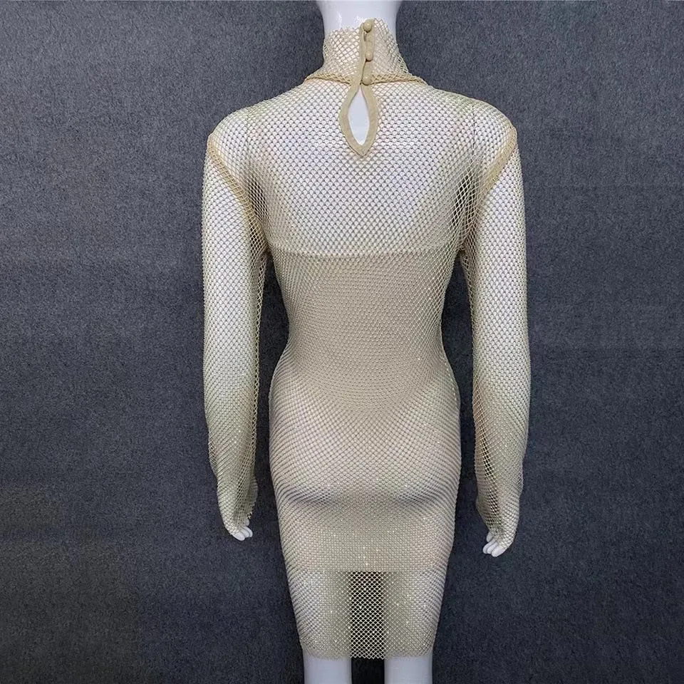 Shiny Diamonds Beading Dress lady Mesh Temperament Slim Turtleneck Long-Sleeved Sexy Party Club Mini Dress Vestido Mujer Jurken