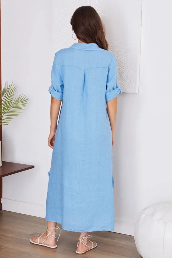 Short Sleeve Button Down Linen Long Dress SKY BLUE