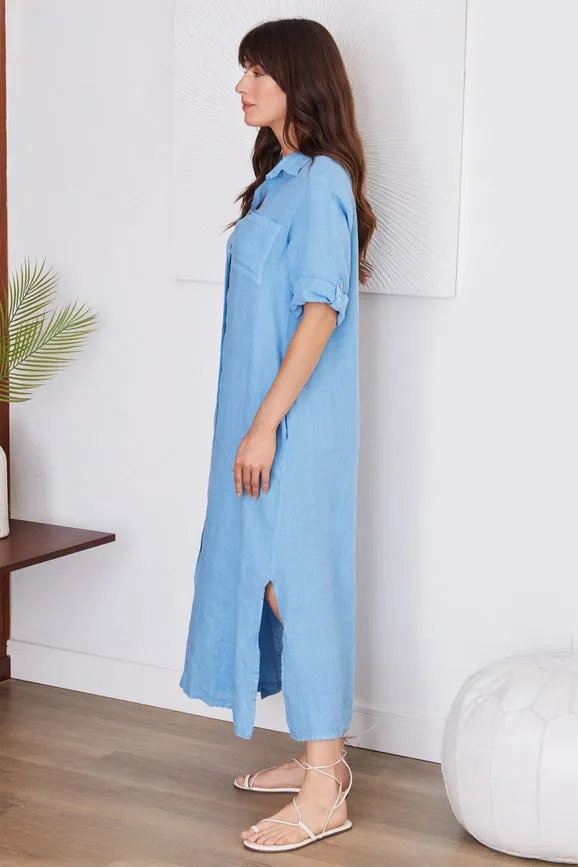 Short Sleeve Button Down Linen Long Dress SKY BLUE
