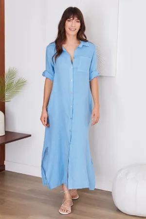 Short Sleeve Button Down Linen Long Dress SKY BLUE