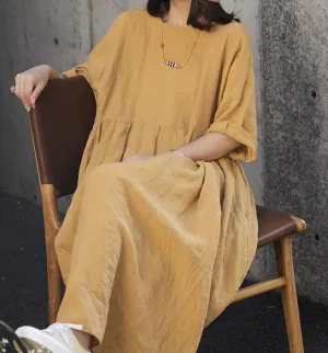 Square Neck Summer Women Linen Dresses Loose Summer Linen Raglan Sleeve Long Women Dresses 7729