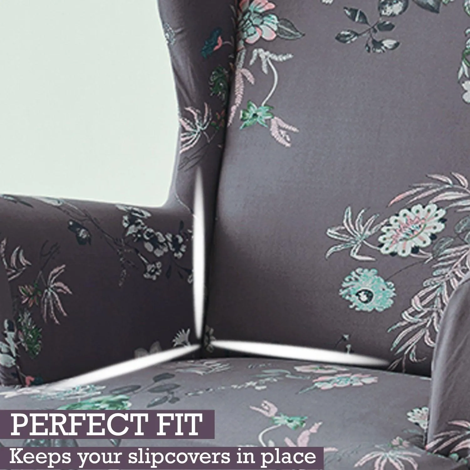 Stretchable 140 GSM Wing Chair Cover, Bentonite Grey Budding Florals