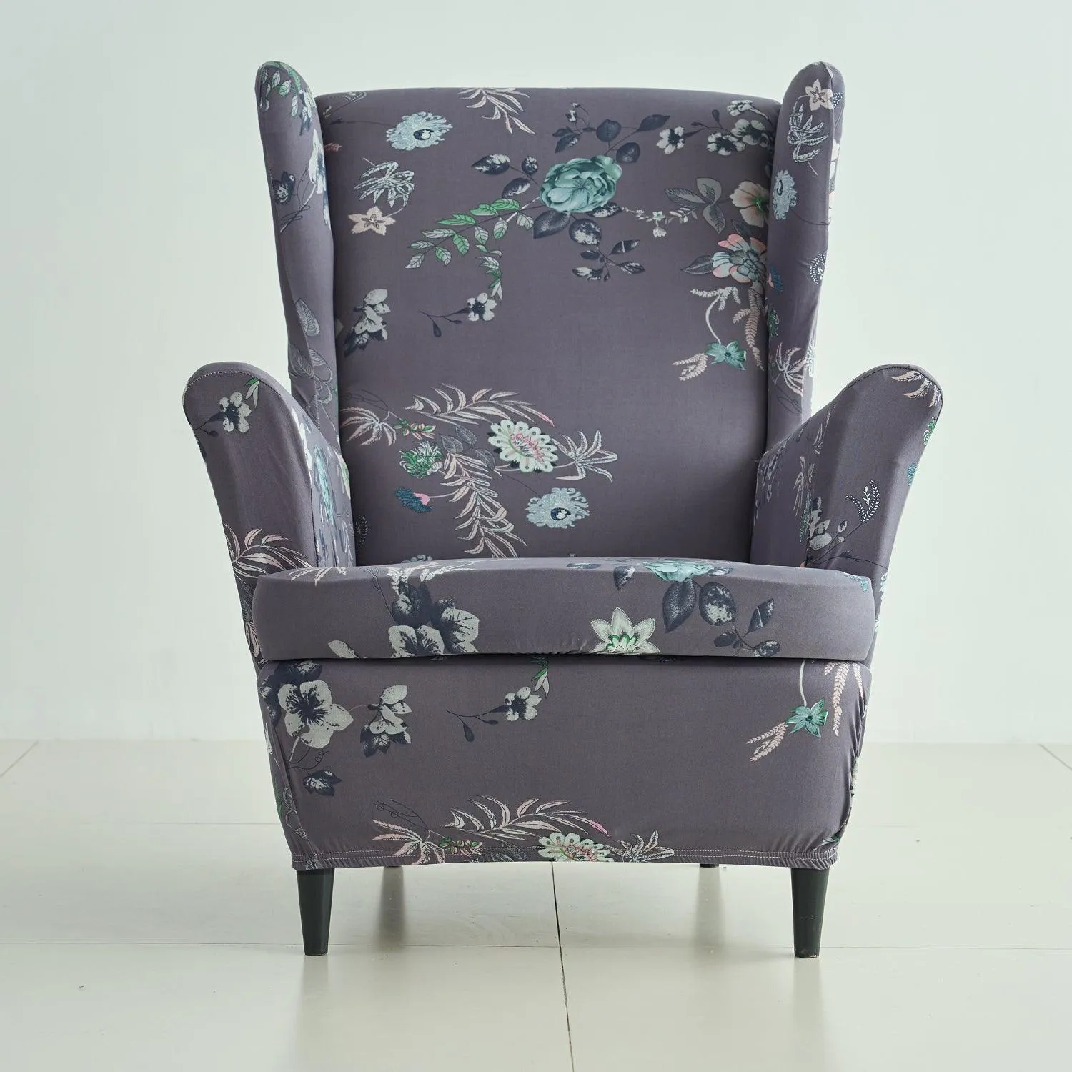 Stretchable 140 GSM Wing Chair Cover, Bentonite Grey Budding Florals