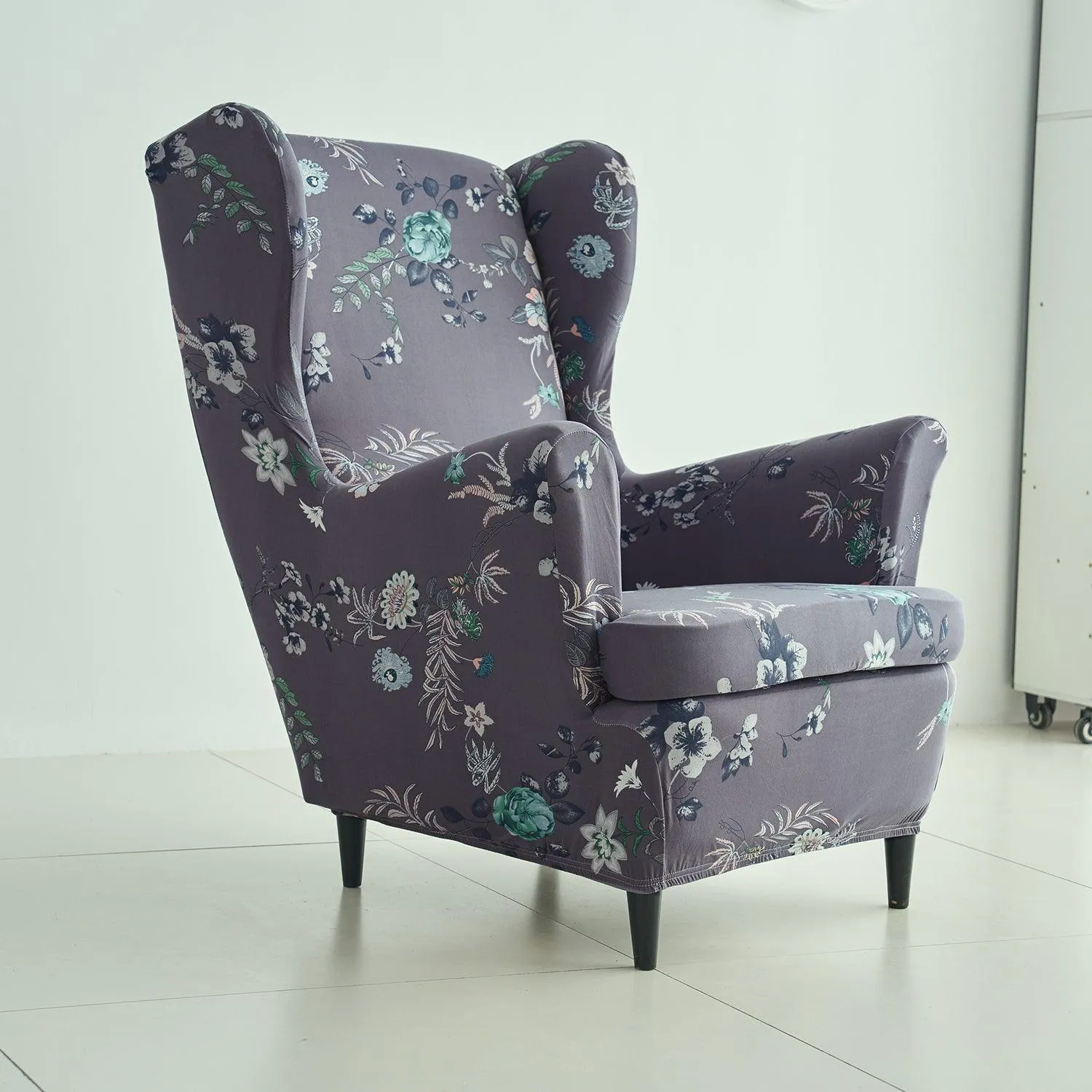 Stretchable 140 GSM Wing Chair Cover, Bentonite Grey Budding Florals