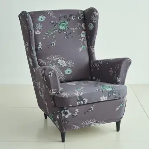 Stretchable 140 GSM Wing Chair Cover, Bentonite Grey Budding Florals