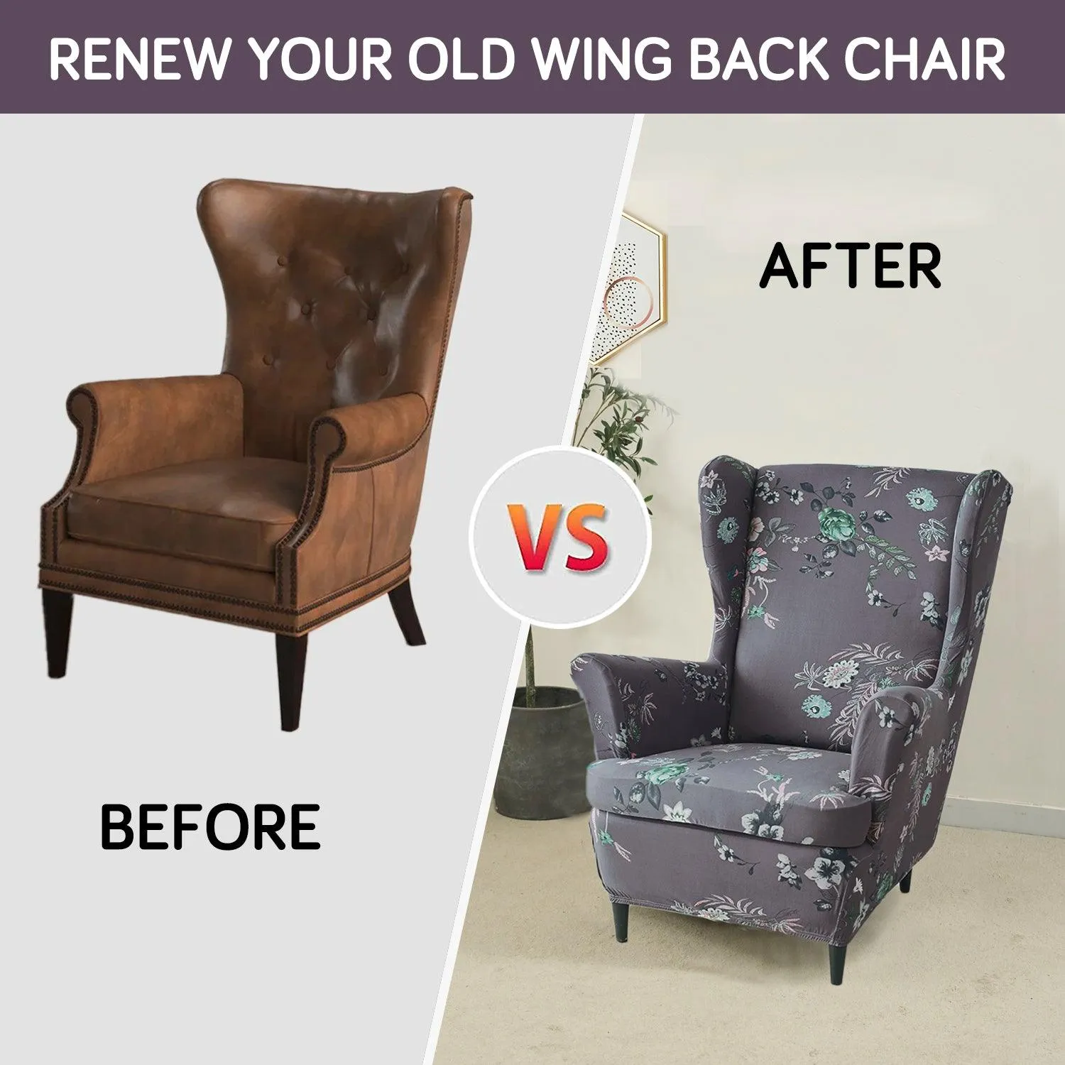 Stretchable 140 GSM Wing Chair Cover, Bentonite Grey Budding Florals