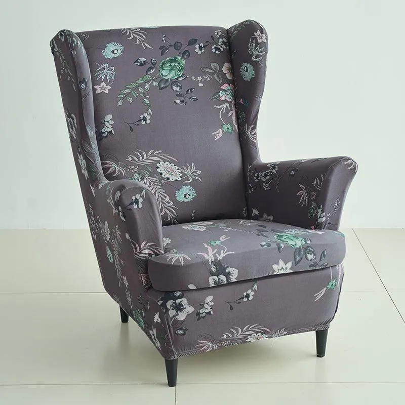 Stretchable 140 GSM Wing Chair Cover, Bentonite Grey Budding Florals
