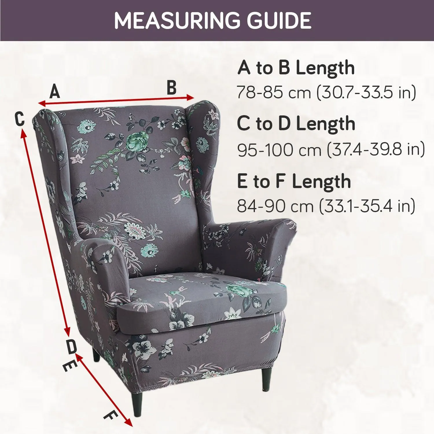 Stretchable 140 GSM Wing Chair Cover, Bentonite Grey Budding Florals