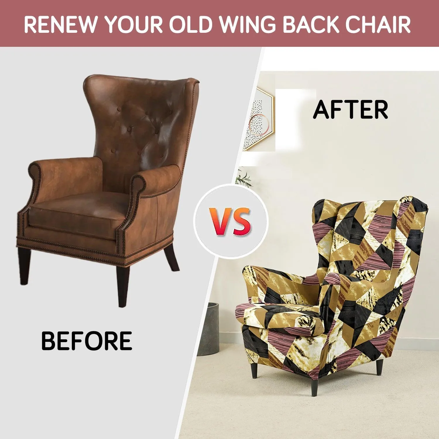 Stretchable 140 GSM Wing Chair Cover, Wine Abstract Geometry