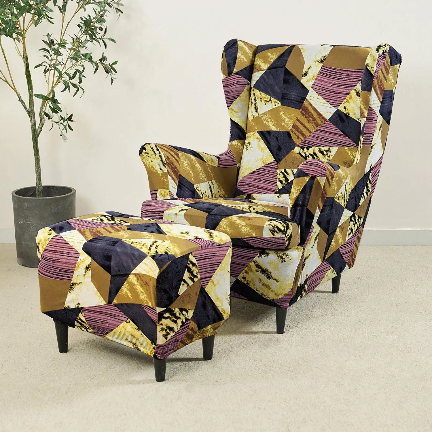 Stretchable 140 GSM Wing Chair Cover, Wine Abstract Geometry