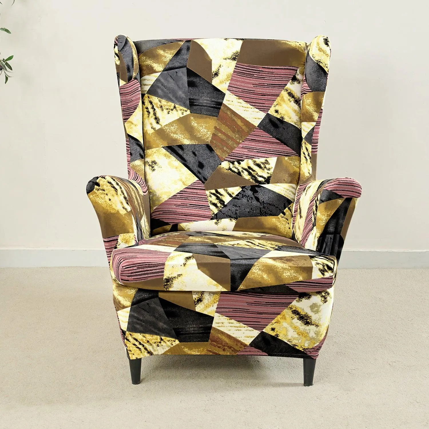 Stretchable 140 GSM Wing Chair Cover, Wine Abstract Geometry
