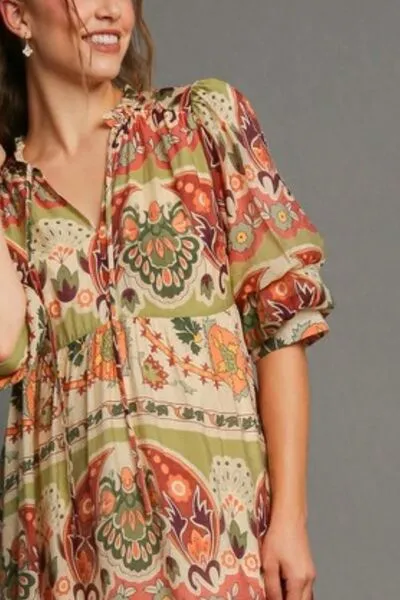 Tiered Border Print Midi Dress