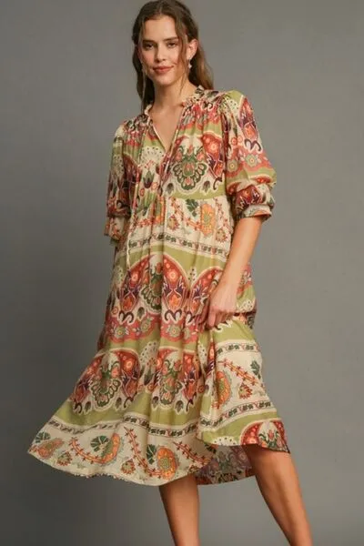 Tiered Border Print Midi Dress