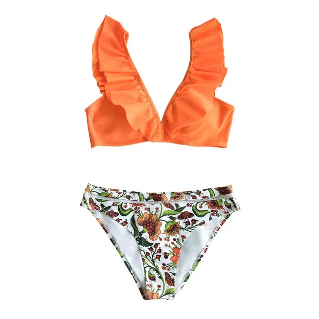 VenusFox 2021 Sexy Low-waist Bikinis Set Swimwear Women Swimsuits Bathing Suit Biquini Orange Floral Ruffled Bikini Beachwear