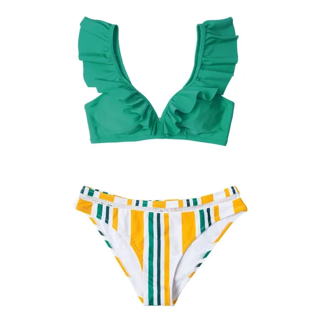 VenusFox 2021 Sexy Low-waist Bikinis Set Swimwear Women Swimsuits Bathing Suit Biquini Orange Floral Ruffled Bikini Beachwear