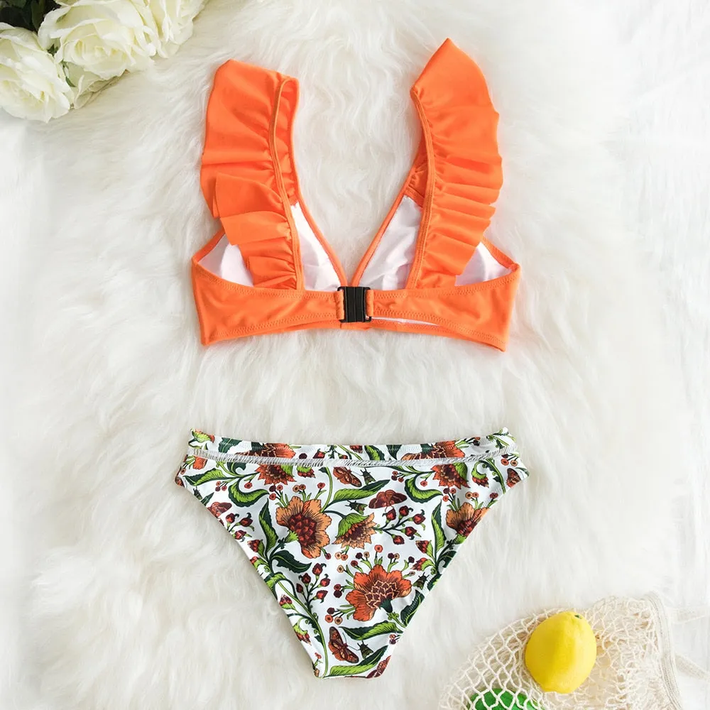 VenusFox 2021 Sexy Low-waist Bikinis Set Swimwear Women Swimsuits Bathing Suit Biquini Orange Floral Ruffled Bikini Beachwear