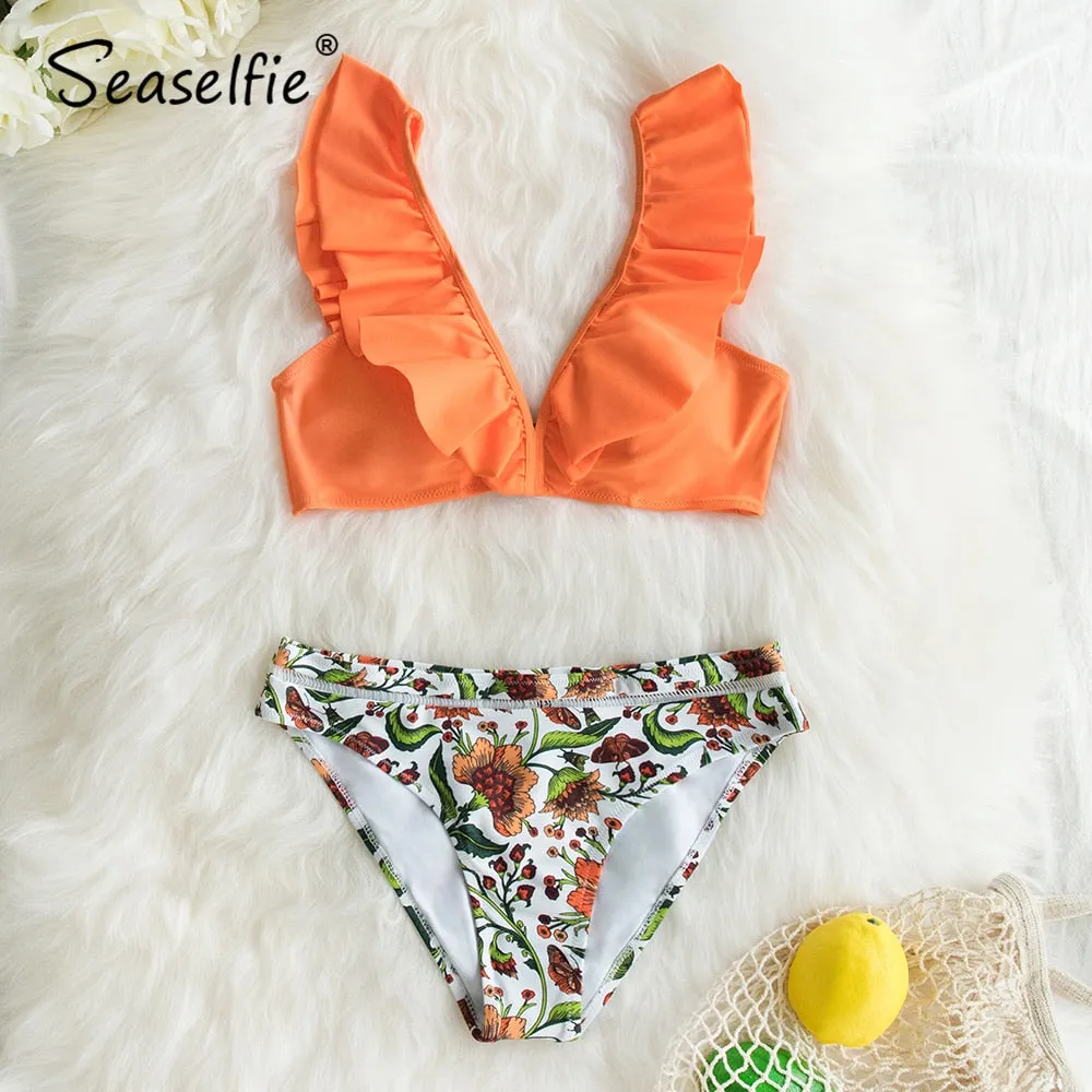 VenusFox 2021 Sexy Low-waist Bikinis Set Swimwear Women Swimsuits Bathing Suit Biquini Orange Floral Ruffled Bikini Beachwear