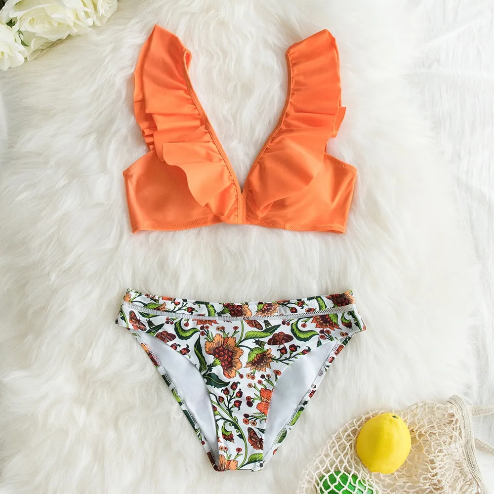 VenusFox 2021 Sexy Low-waist Bikinis Set Swimwear Women Swimsuits Bathing Suit Biquini Orange Floral Ruffled Bikini Beachwear