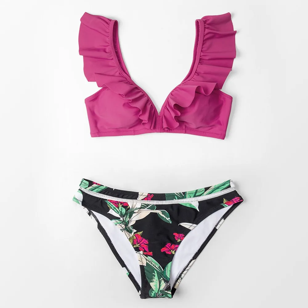 VenusFox 2021 Sexy Low-waist Bikinis Set Swimwear Women Swimsuits Bathing Suit Biquini Orange Floral Ruffled Bikini Beachwear