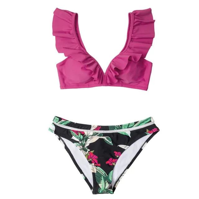 VenusFox 2021 Sexy Low-waist Bikinis Set Swimwear Women Swimsuits Bathing Suit Biquini Orange Floral Ruffled Bikini Beachwear