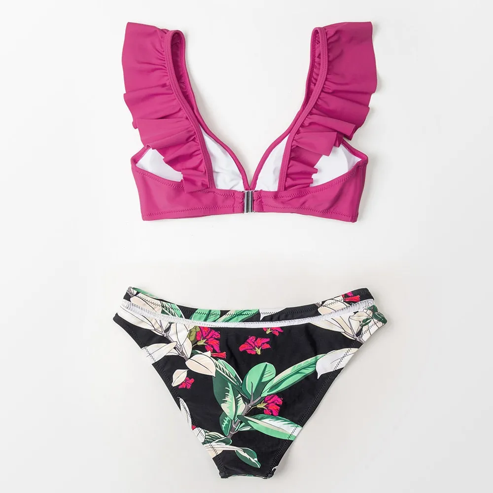 VenusFox 2021 Sexy Low-waist Bikinis Set Swimwear Women Swimsuits Bathing Suit Biquini Orange Floral Ruffled Bikini Beachwear