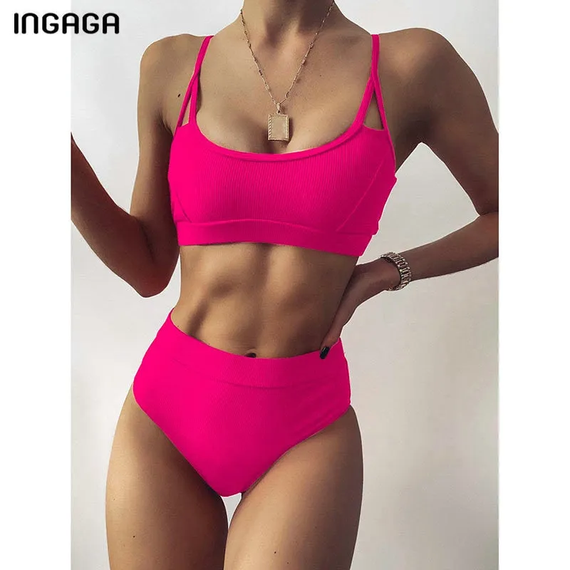 VenusFox High Waist Bikinis Ribbed Women's Swimsuit 2021 Swimwear Women Cut Out Bathing Suits Push Up Biquini Black Bikinis Set