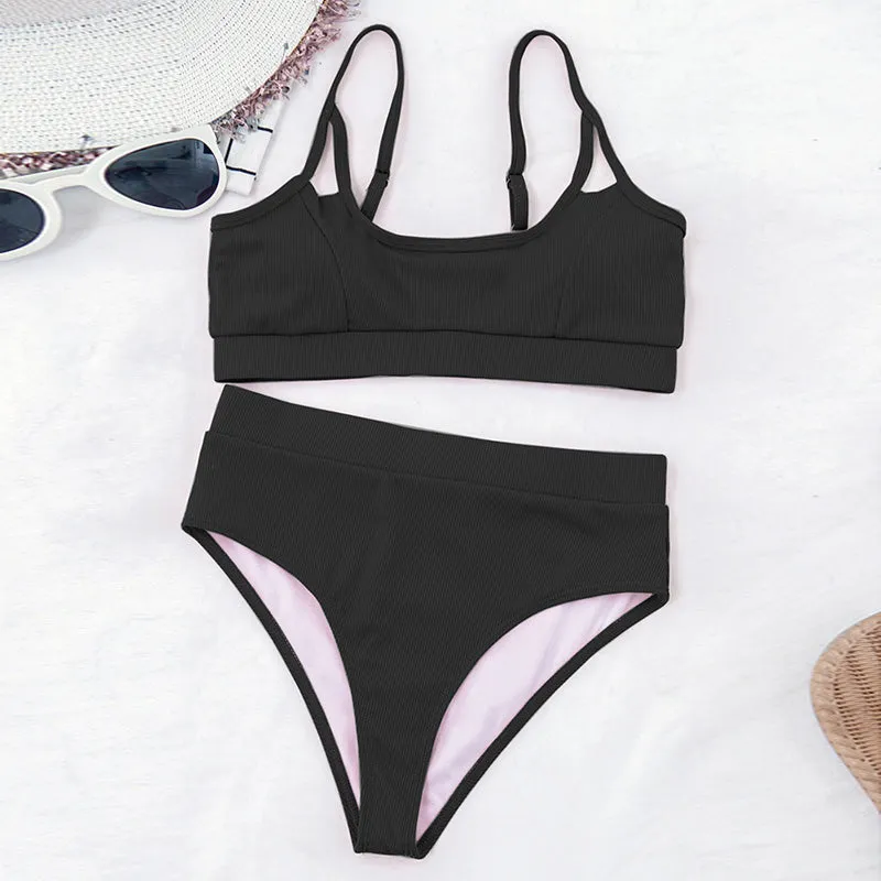 VenusFox High Waist Bikinis Ribbed Women's Swimsuit 2021 Swimwear Women Cut Out Bathing Suits Push Up Biquini Black Bikinis Set