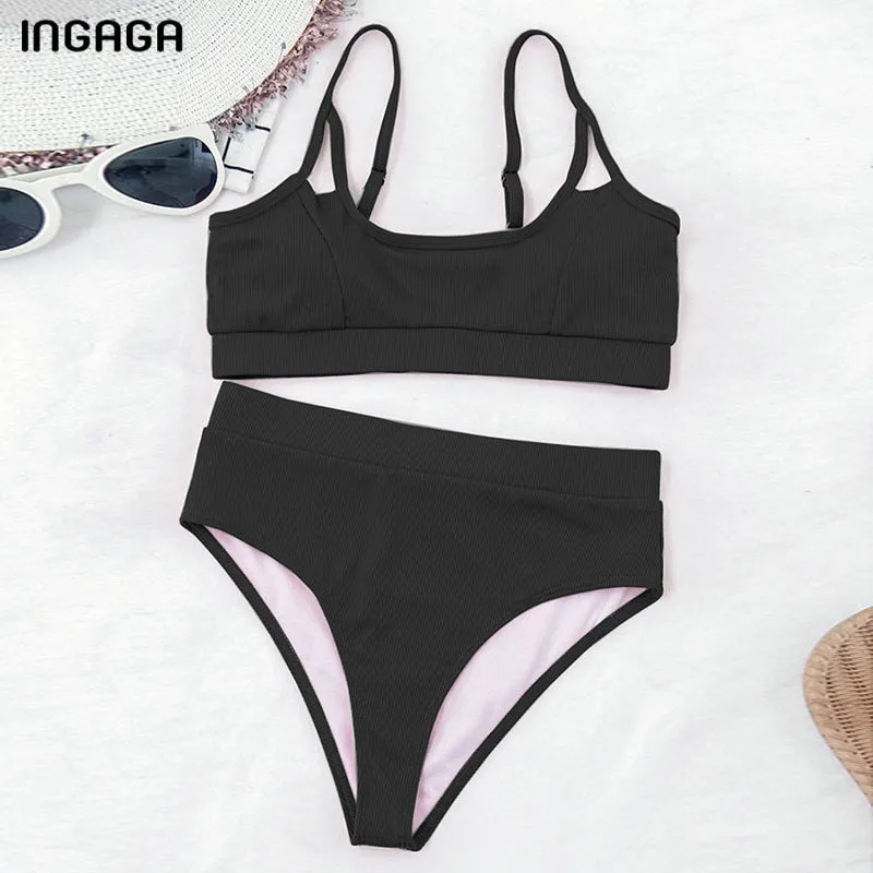 VenusFox High Waist Bikinis Ribbed Women's Swimsuit 2021 Swimwear Women Cut Out Bathing Suits Push Up Biquini Black Bikinis Set
