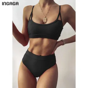 VenusFox High Waist Bikinis Ribbed Women's Swimsuit 2021 Swimwear Women Cut Out Bathing Suits Push Up Biquini Black Bikinis Set
